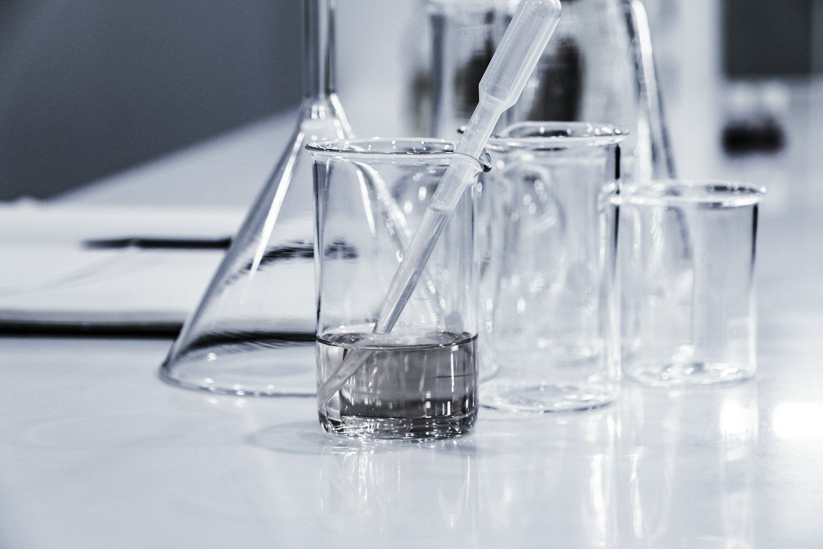 Glass beakers and flasks in a laboratory